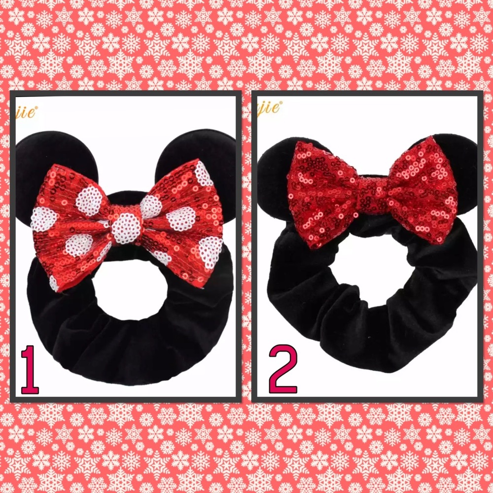 🎉New🎉Minnie Mouse Black Velvet Scrunchies with Sequined Bows and Mouse Ears🎉